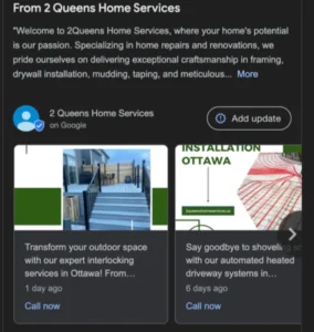This screenshot features a GBP listing with two google updates on their GBP profile. Posting once a week is a great way to increase awareness engagement.