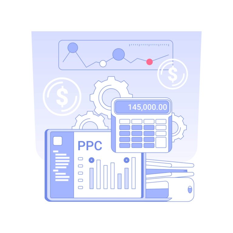 illustration of amazon ppc management with charts, calculator, and gears representing advertising and sales optimization strategies